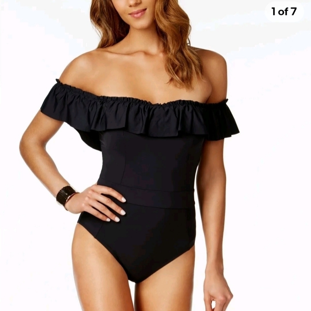 Bleu Rod Beattie Black 1-Piece Swim Off the Shoulder Ruffle Swim Suit (Size 6)